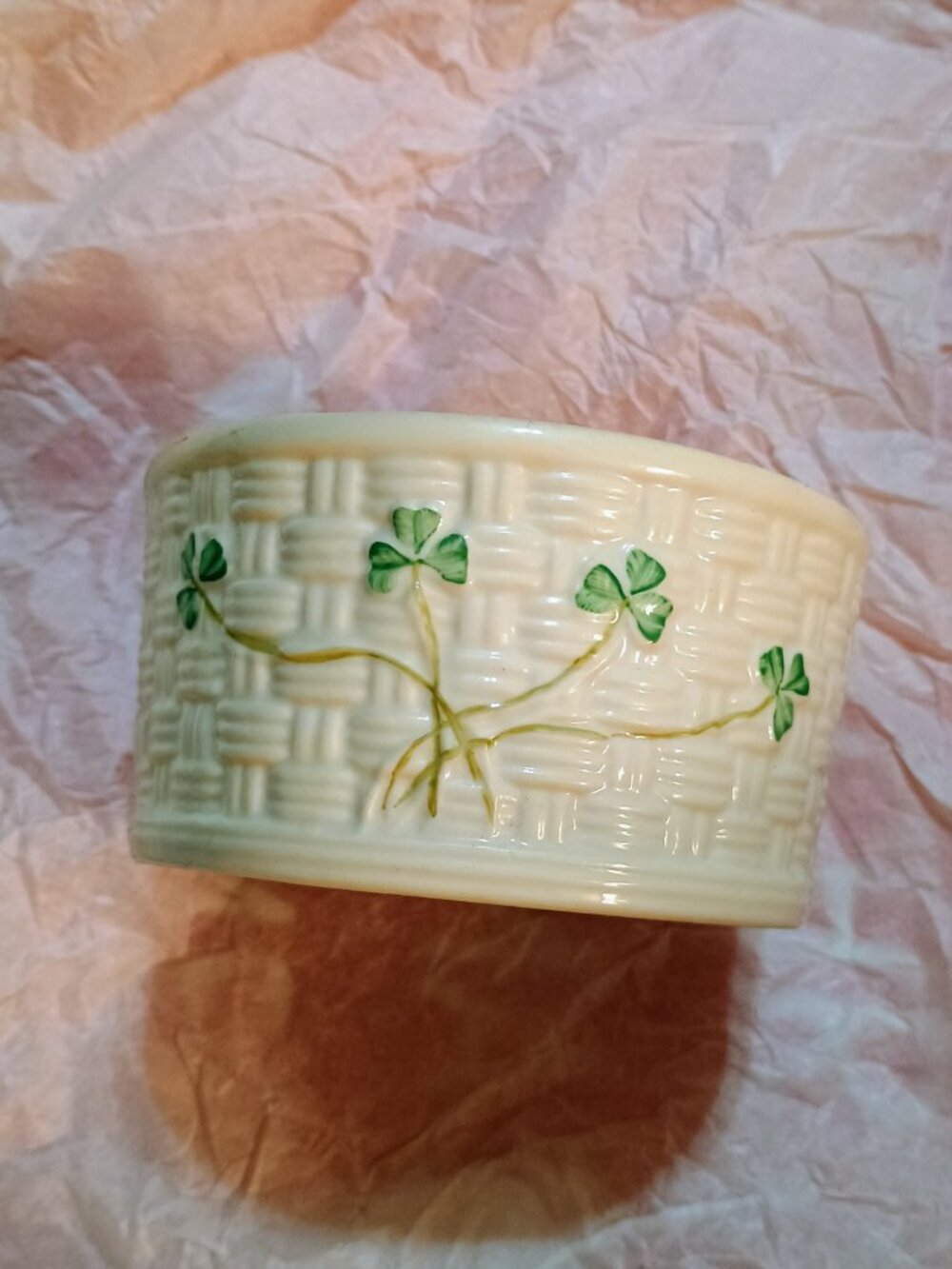 vintage Irish Belleek basketweave marmalade bowl  Blue label, 8th ed.